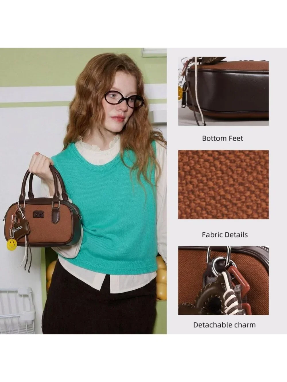 Vintage-Inspired Retro Canvas & Leather Tote Bag with Bear Charm - Casual